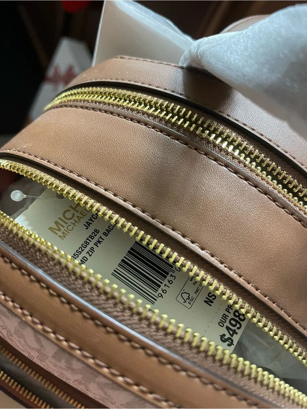 Michael Kors Tan Canvas w/Dark Tan Logo MK Monogram Backpack with Brown Trim